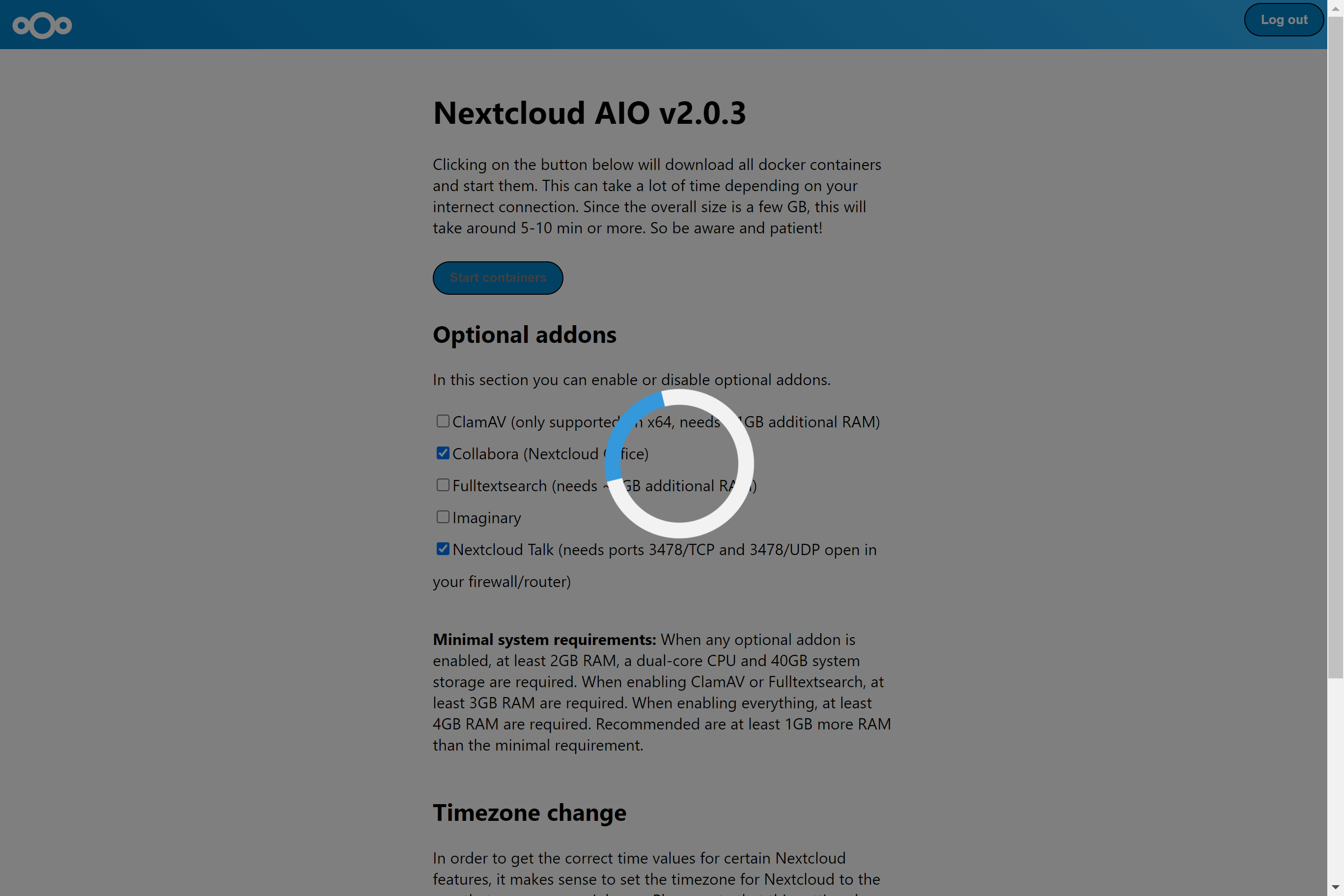 Nextcloud All-in-One spinner